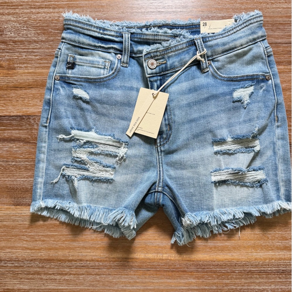 KanCan Distressed Denim Shorts Frayed Hem High Rise Light Wash Size 28